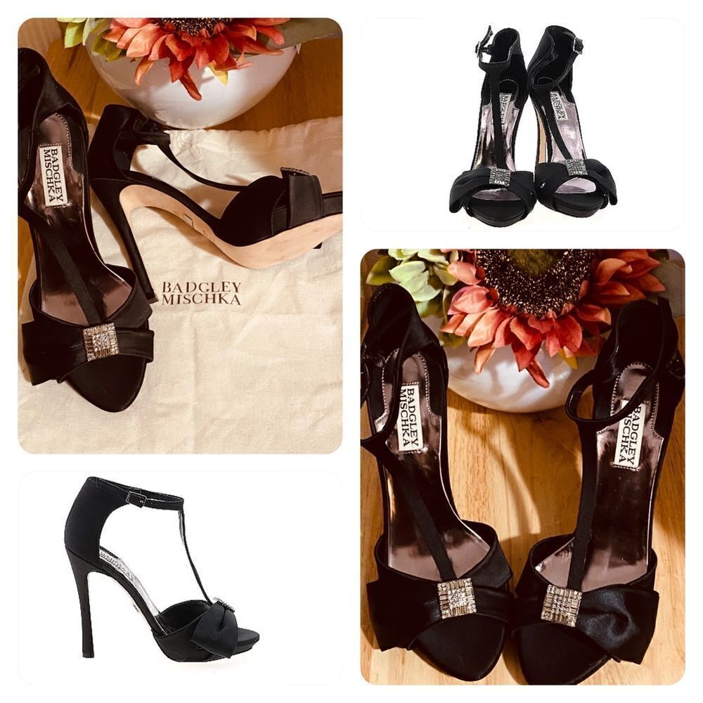 Badgley Mischka Black Satin Shaw T Strap Rhinestone Sandal 8.5